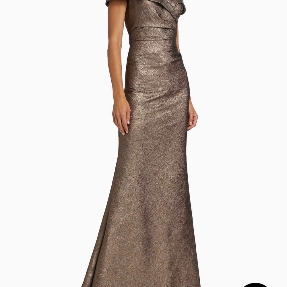 Rickie Freeman for Teri Jon Brown Ruched Off the Shoulder Gown